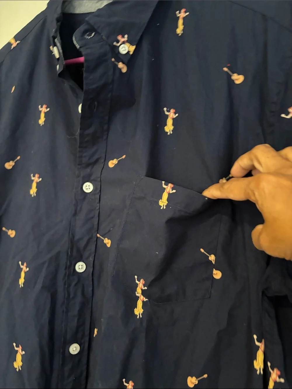 J. Crew Navy Short-Sleeve Button-Down Shirt with Yellow Motif